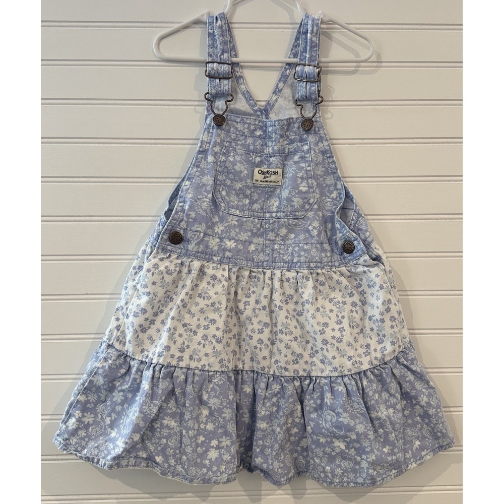 OshKosh B'gosh Girls 5T Floral Tiered Overall Dress Blue White Vestbak